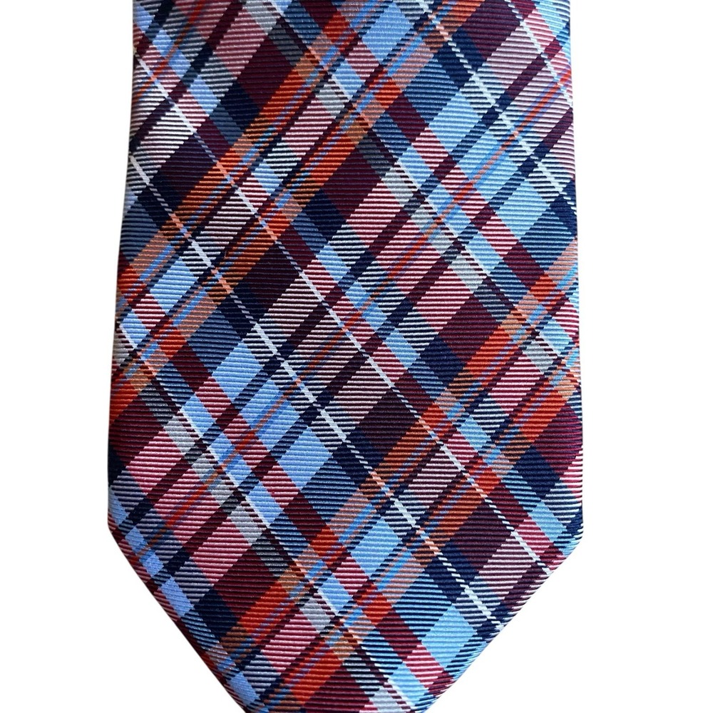 Perry Ellis Silk Neck Tie Plaid Tartan Red Blue 3x57" Classic Tartan